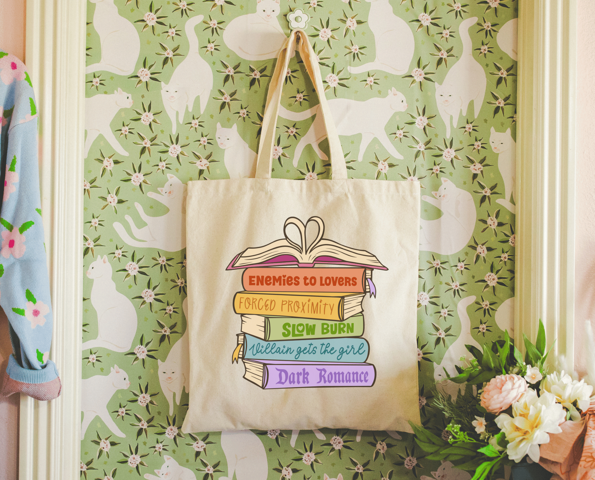 Romance Book Trope Heart Stack Tote Bag
