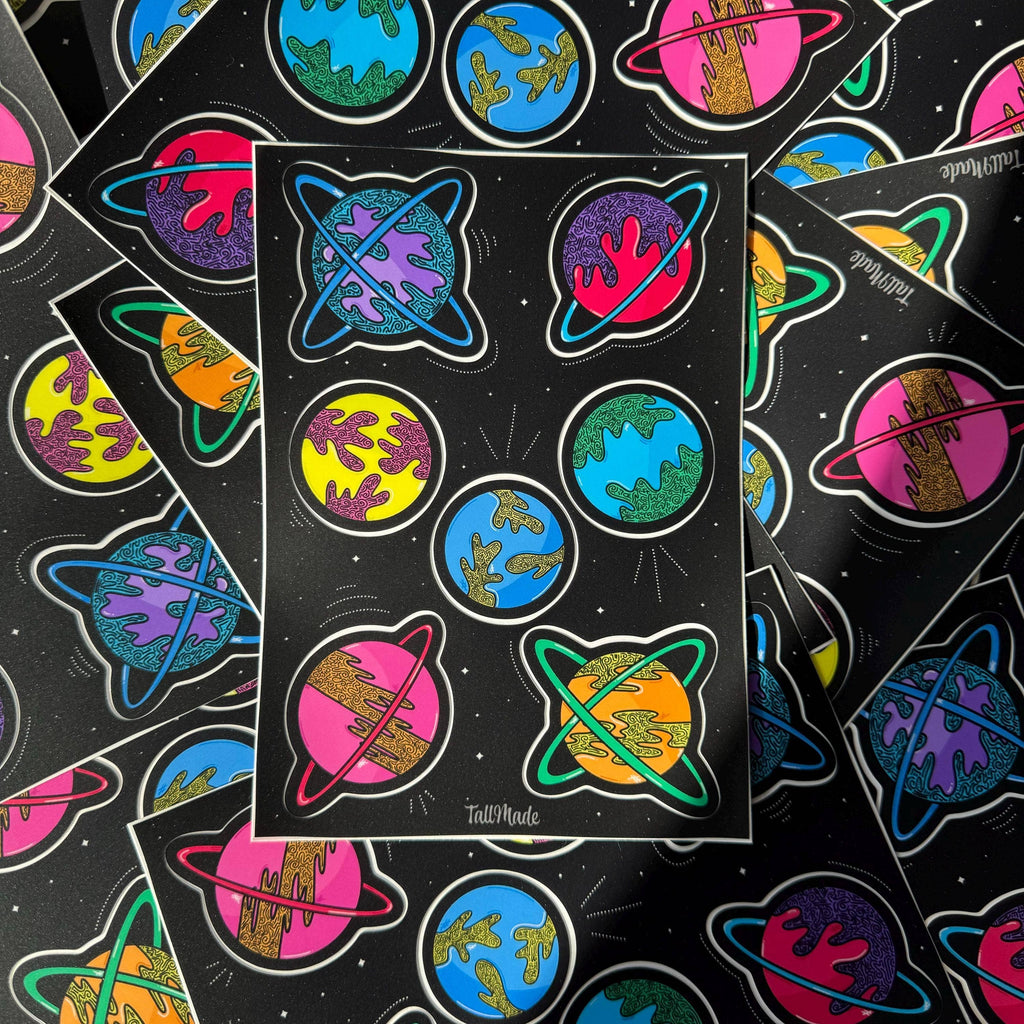 Colorful Planets 5x7 Sticker Sheet With 7 Unique Stickers