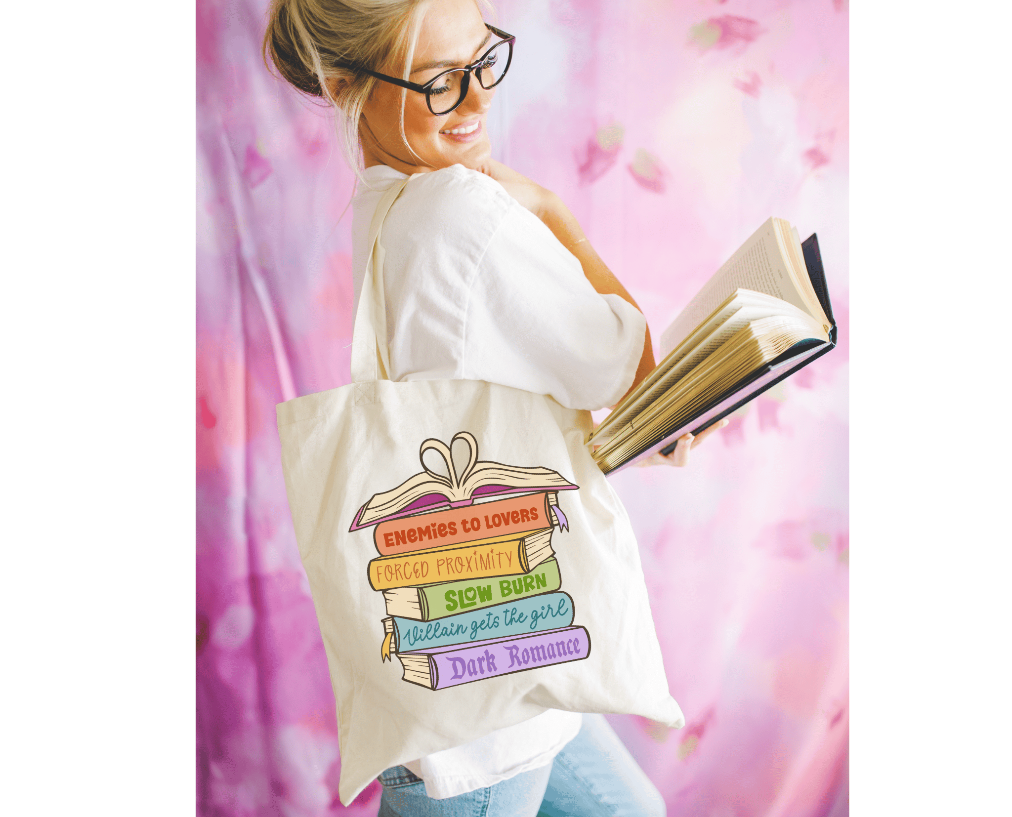 Romance Book Trope Heart Stack Tote Bag
